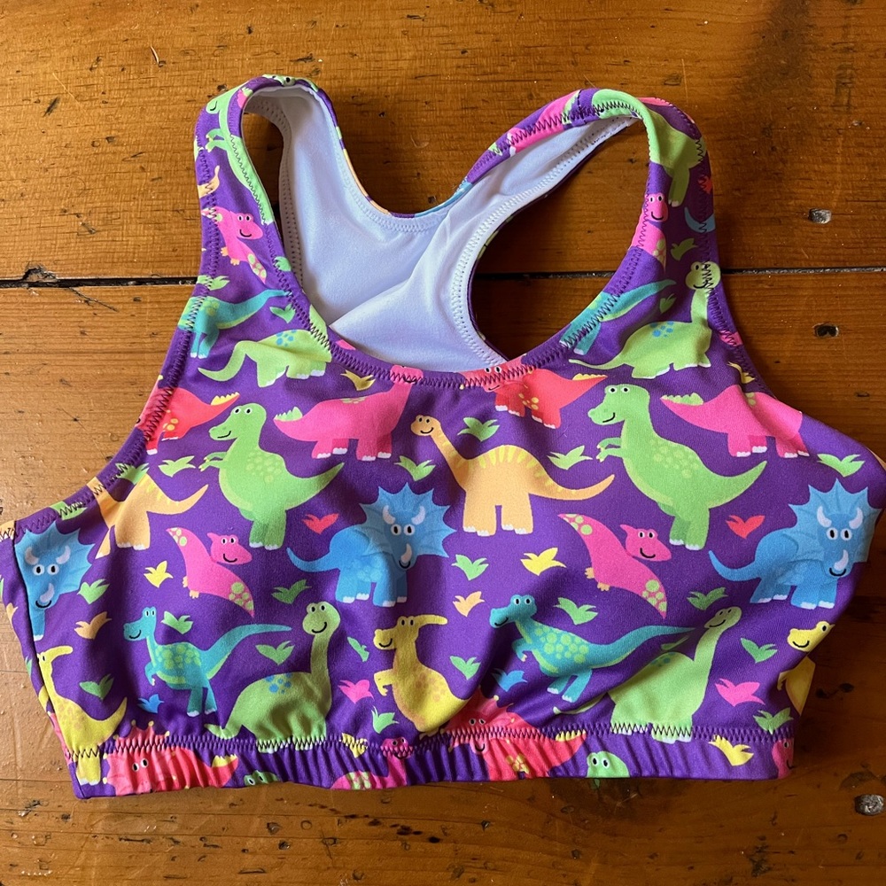 CowCow dinosaur sports bra soft cup removable pads fully lined crop top